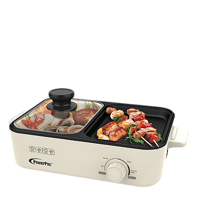 POWERPAC PPMC728 2 IN 1 STEAMBOAT BBQ PLATE, 1000W